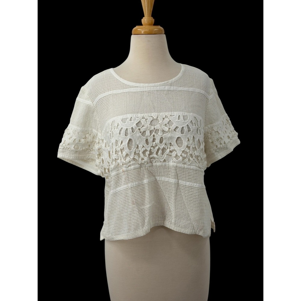 Chicos Black Label White Cotton Mesh Crochet Lace Cropped Top‎ Short Sleeve 3/XL